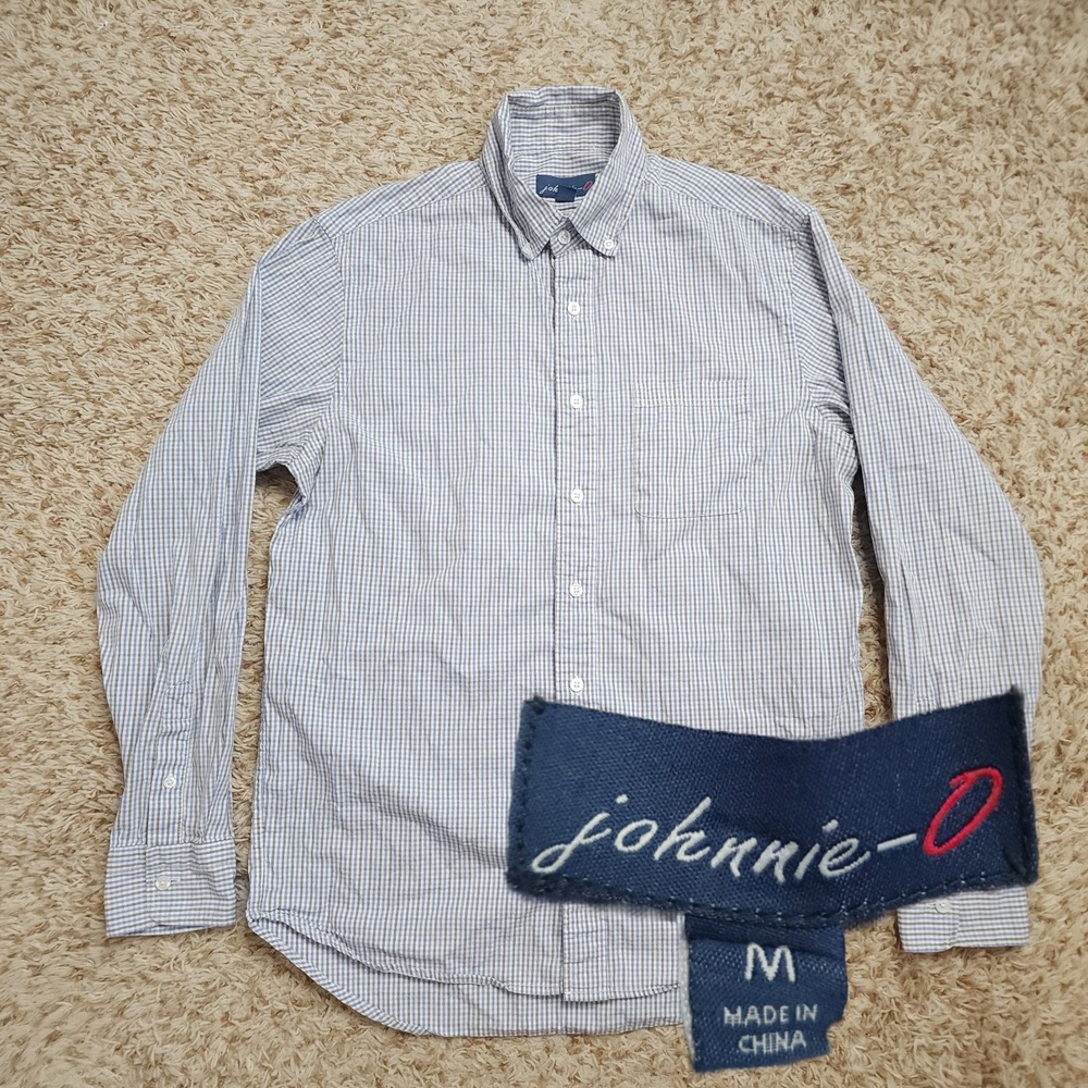 johnnie-O Button Down Shirt‎ Mens M Blue Grey Gingham Long Sleeve Surfer Logo